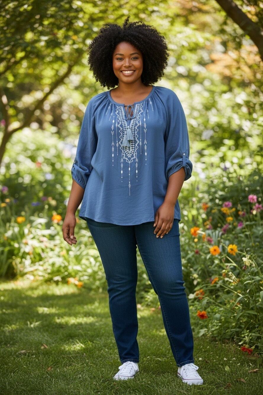 Est. 1946 Women's Blue Embroidered Tunic Boho Blouse 3/4 Sleeve Round Neck XL